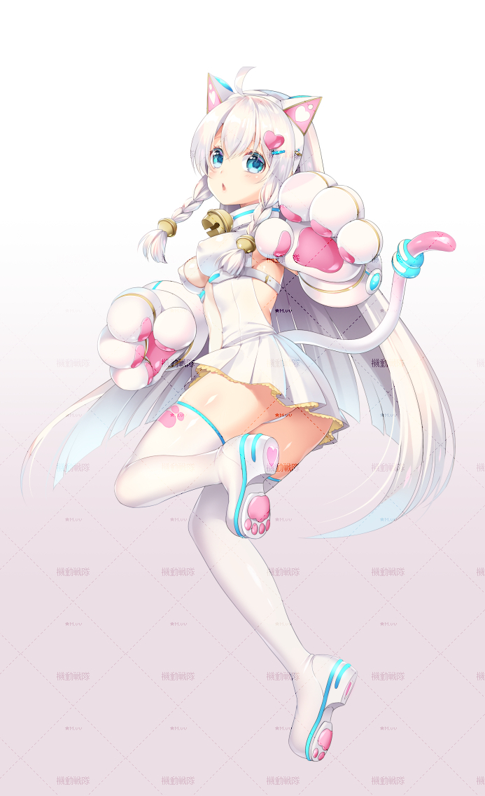 1girl, animal_ears, ass, bell, blue_eyes, boots, braid, breasts