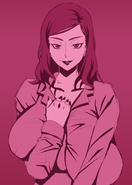 1girl, grin, lipstick, long_hair, monochrome, nail_polish, pink, smile