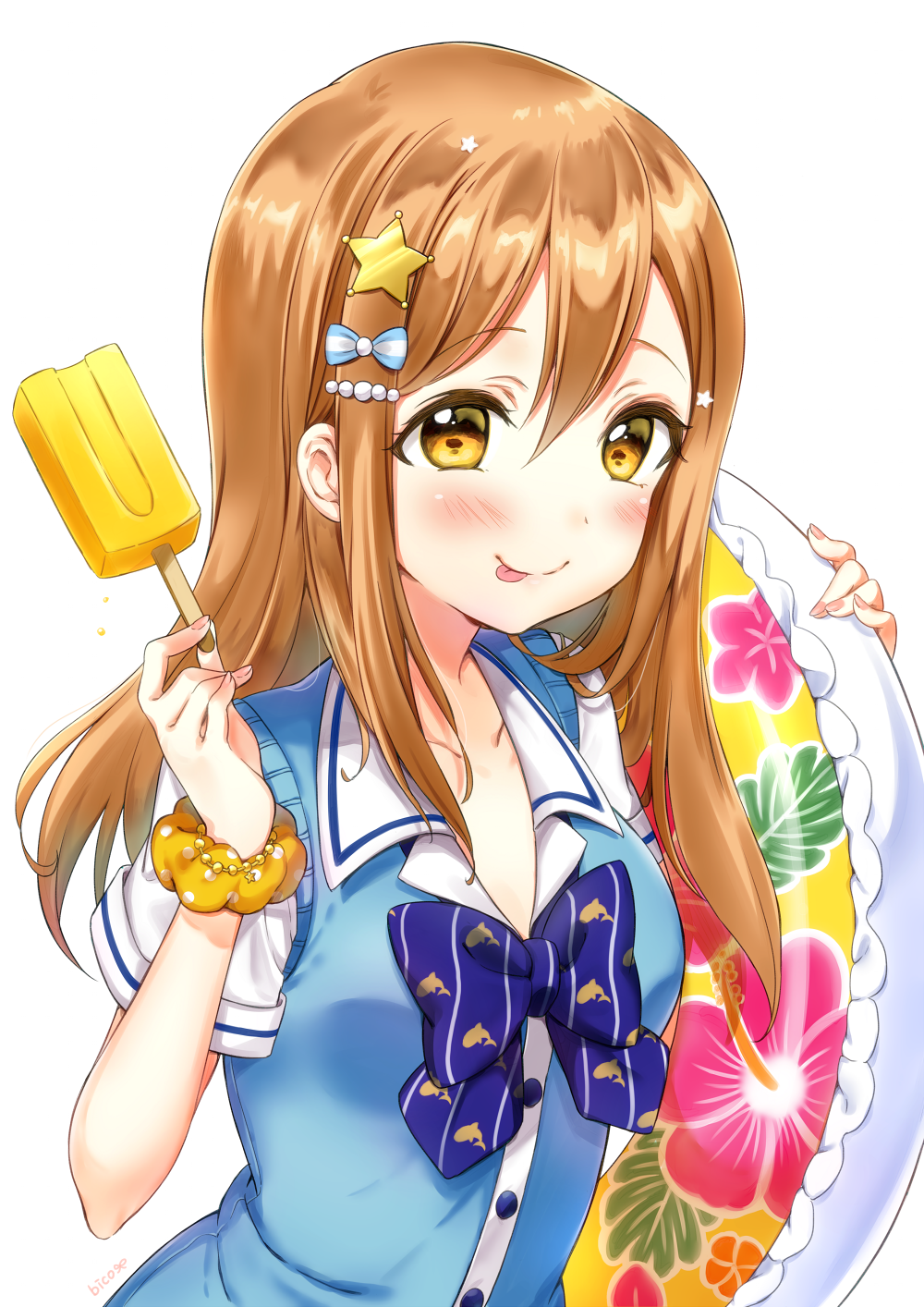 1girl, :p, artist_name, bangs, bico_(bicoris), blue_neckwear, blush, bow