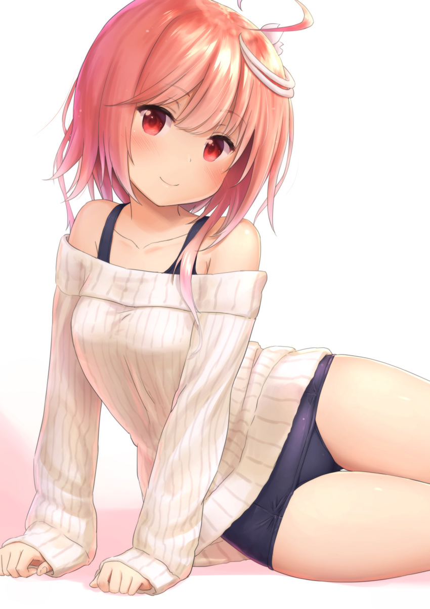 1girl, ahoge, bangs, bare_shoulders, blush, breasts, closed_mouth, collarbone