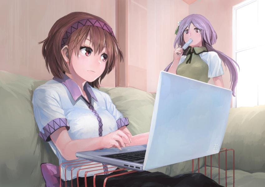 2girls, black_neckwear, black_ribbon, black_skirt, breasts, brown_eyes, brown_hair, commentary_request
