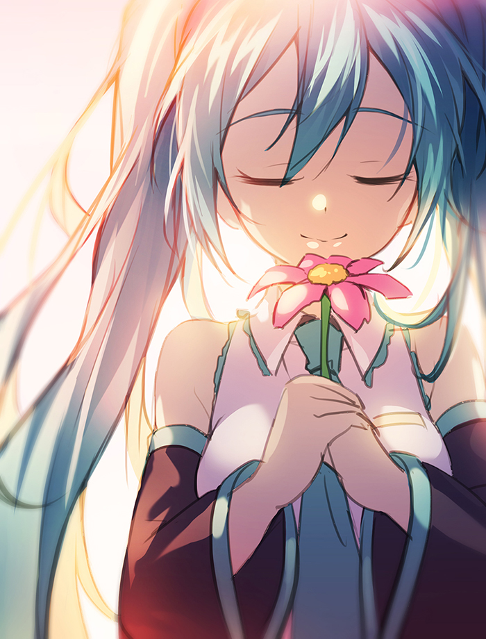 1girl, aqua_hair, backlighting, closed_eyes, detached_sleeves, flower, hatsune_miku, holding, holding_flower, kawaii2penguin, long_hair, necktie, smile, solo, twintails, upper_body, vocaloid