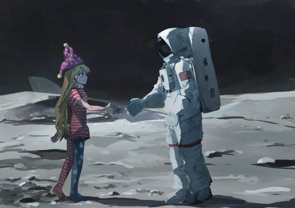1girl, american_flag_dress, american_flag_legwear, astronaut, astronaut_helmet, black_sky, blonde_hair, clownpiece
