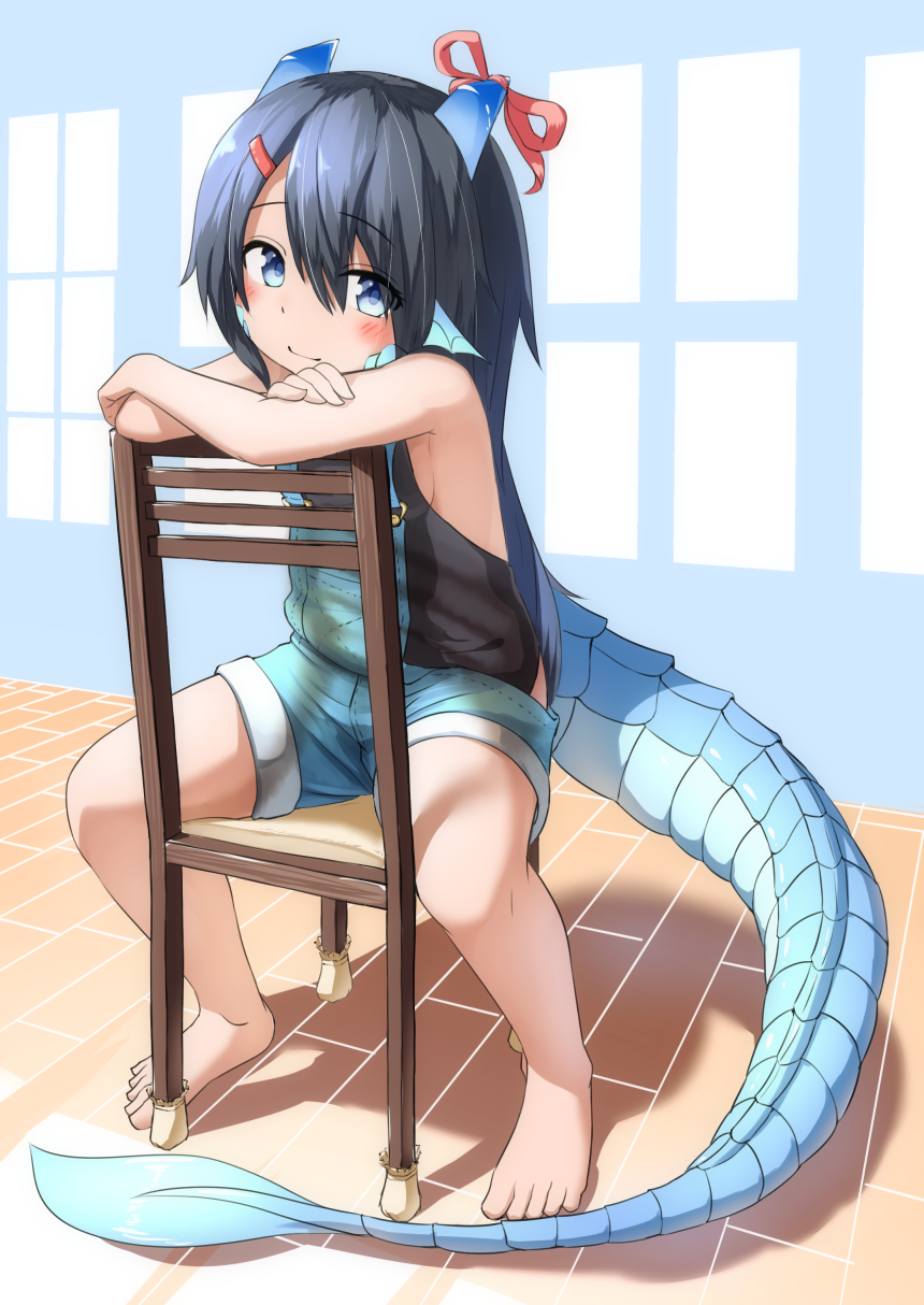 1girl, bangs, bare_arms, bare_shoulders, barefoot, black_hair, black_shirt, blue_eyes, blush, breasts, chair, closed_mouth, commentary_request, crossed_arms, dragon_girl, dragon_horns, dragon_tail, eyebrows_visible_through_hair, hair_between_eyes, head_fins, head_tilt, highres, horn_ribbon, horns, kyabe_tsuka, leaf-chan, long_hair, looking_at_viewer, on_chair, original, overall_shorts, red_ribbon, ribbon, scales, shirt, sitting, sleeveless, sleeveless_shirt, small_breasts, smile, solo, tail, very_long_hair, wooden_floor