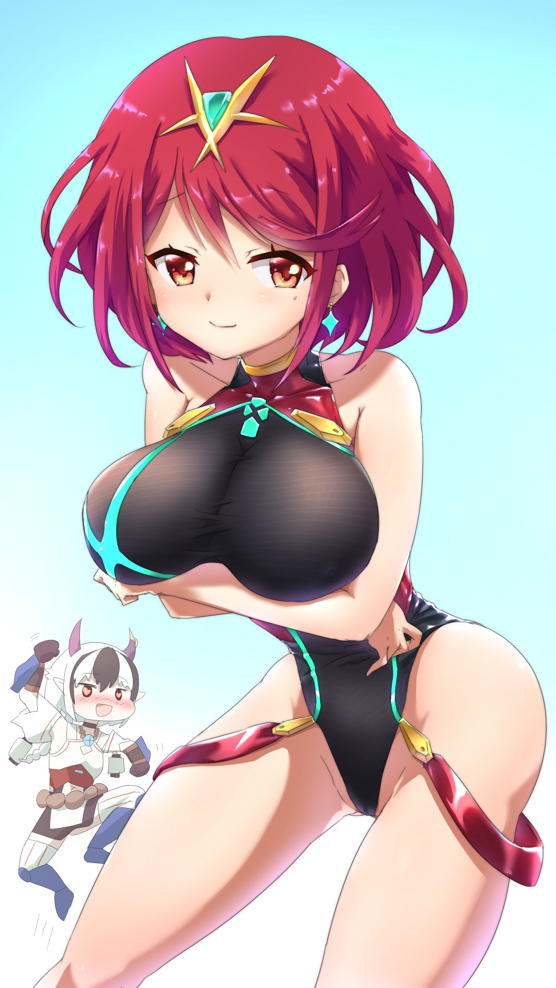 2girls, animal_ears, bangs, black_hair, breasts, covered_navel, earrings, fingerless_gloves