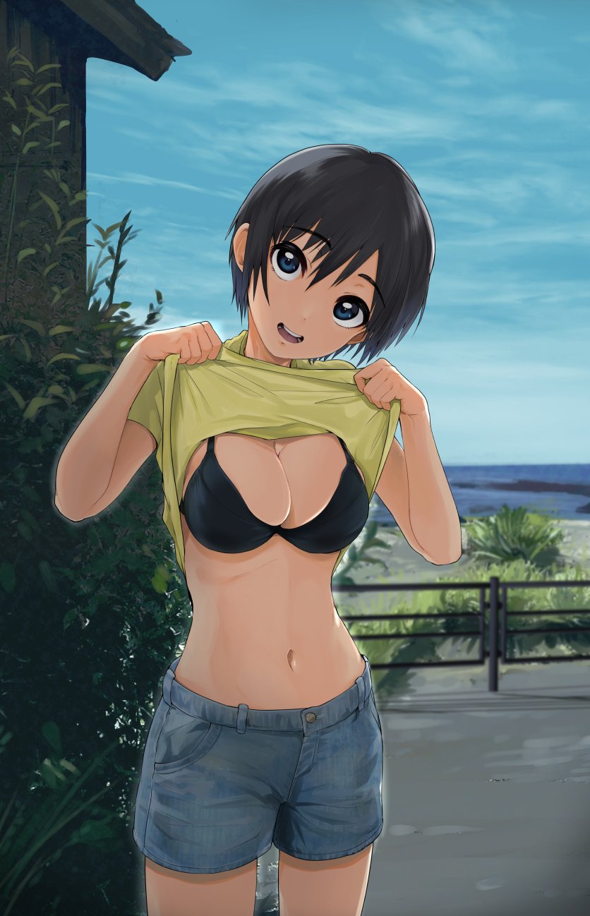 1girl, 5saiji, bikini, black_bikini, black_hair, blue_eyes, breasts, bush