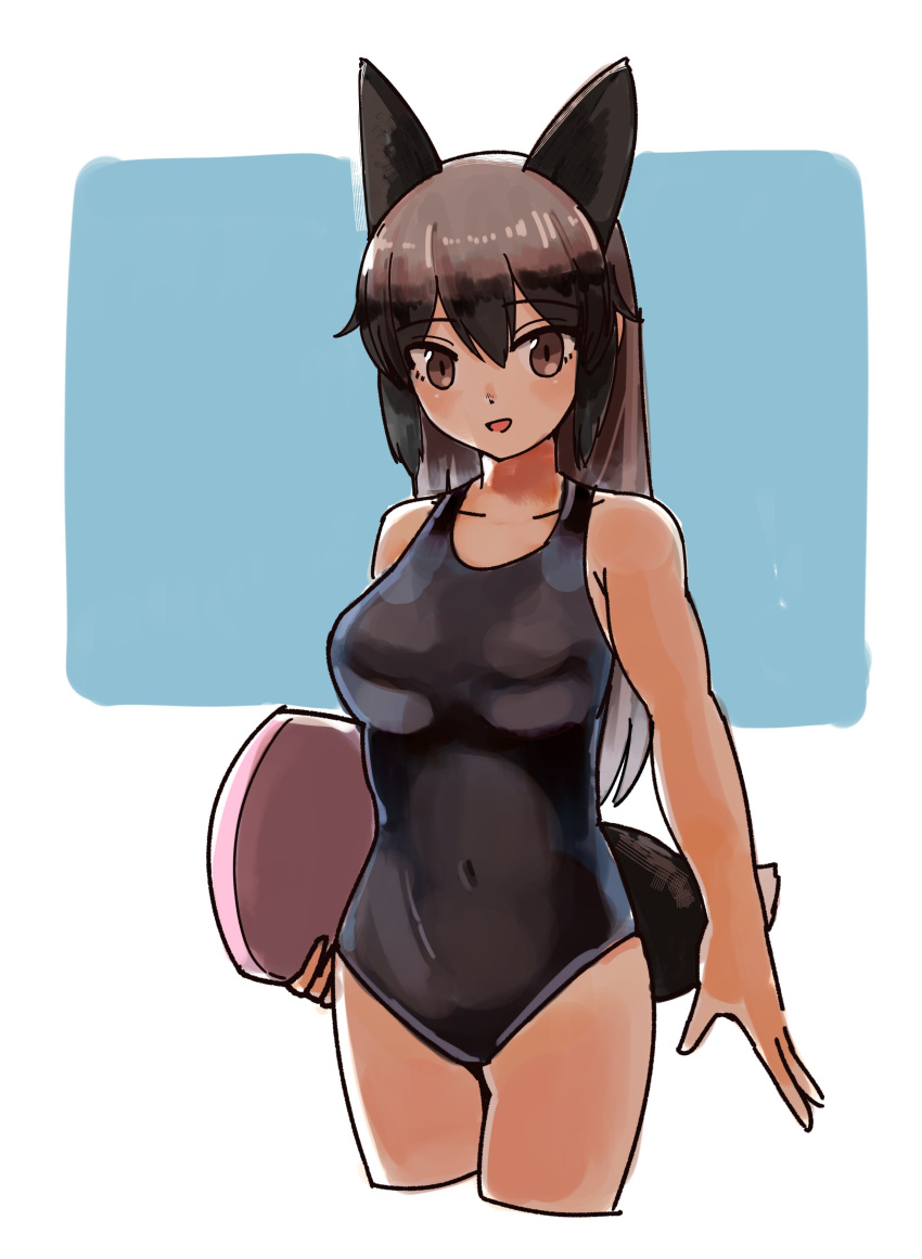 1girl, absurdres, alternate_costume, animal_ears, bare_arms, bare_shoulders, black_hair, brown_eyes