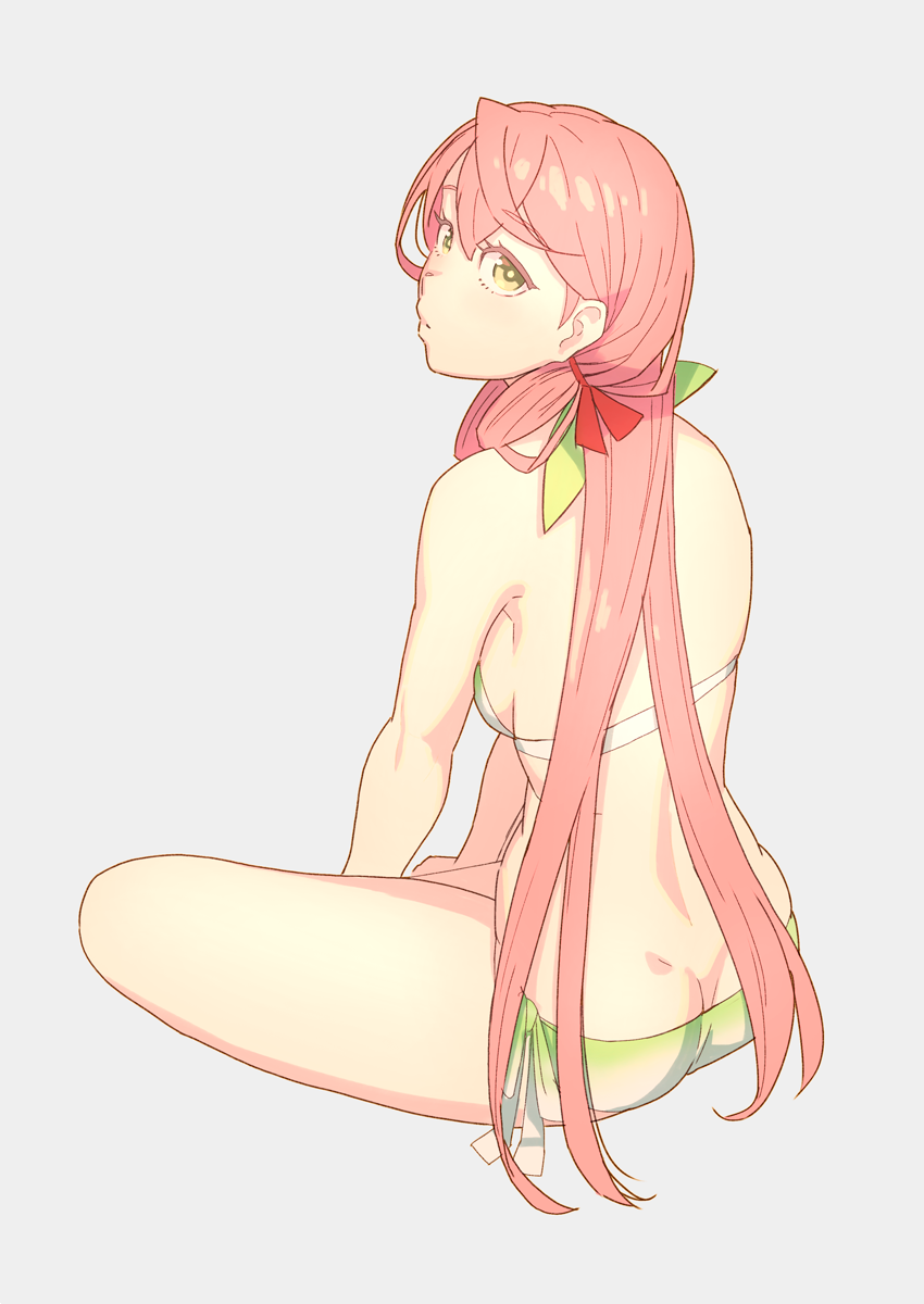 1girl, akashi_(kantai_collection), ass, bikini, butt_crack, dimples_of_venus, from_behind, full_body, gradient_bikini, green_eyes, grey_background, hair_ribbon, highres, indian_style, kantai_collection, long_hair, looking_at_viewer, pink_hair, ribbon, side-tie_bikini, simple_background, sitting, solo, swimsuit, tress_ribbon, white_bikini, yuuji_(and)