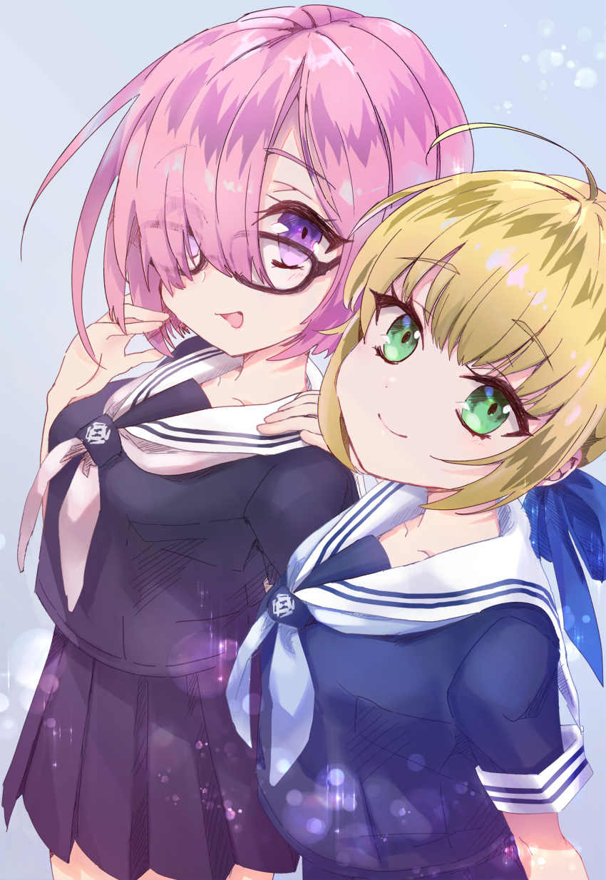 2girls, ahoge, artoria_pendragon_(all), closed_mouth, collarbone, cute, eyebrows_visible_through_hair, eyewear_visible_through_hair