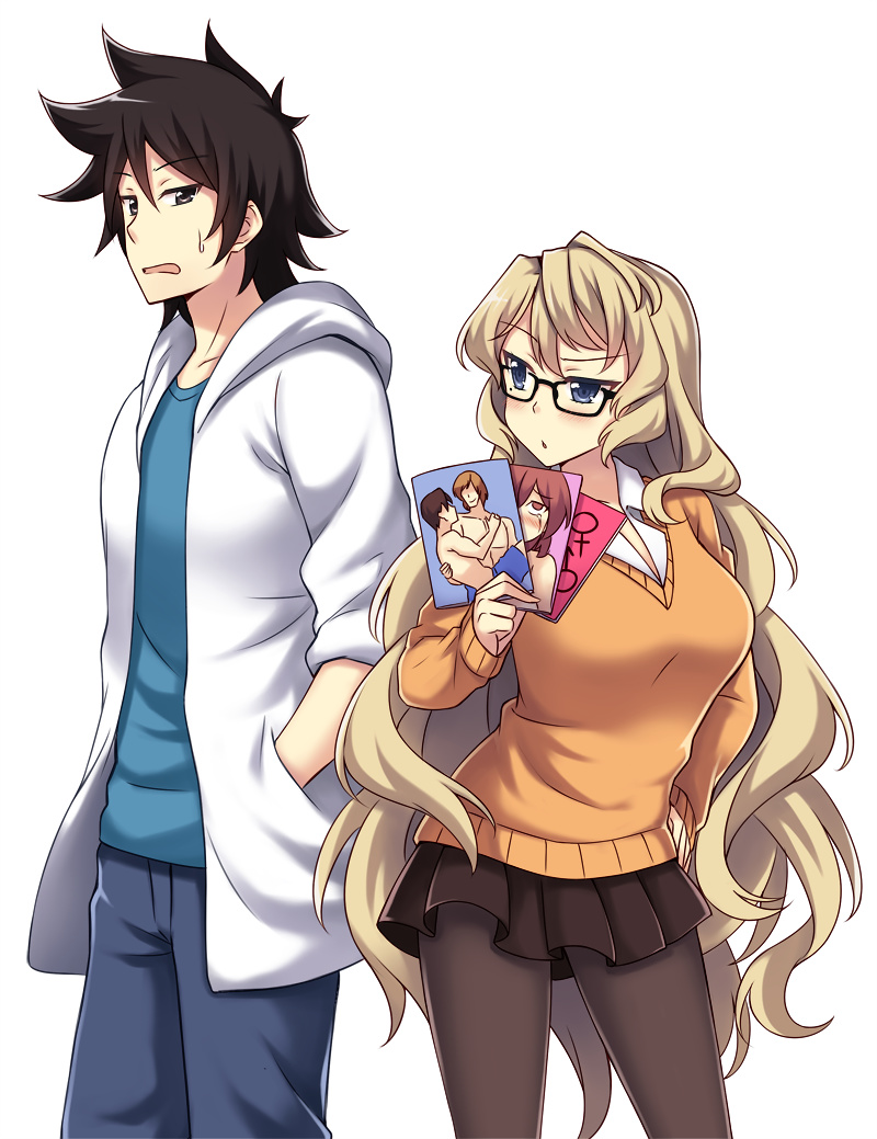 1boy, 1girl, black-framed_eyewear, black_hair, black_skirt, blonde_hair, blue_eyes, blush