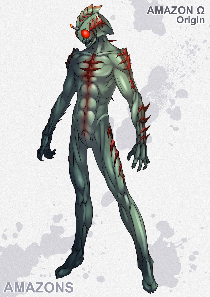 1boy, arm_blade, claws, compound_eyes, fang, fins, full_body, green_skin, highres, horn, horns, kamen_rider, kamen_rider_amazon_omega, kamen_rider_amazons, male_focus, monster, mugi30007073, no_humans, open_mouth, red_eyes, sharp_teeth, solo, standing, teeth, title, weapon
