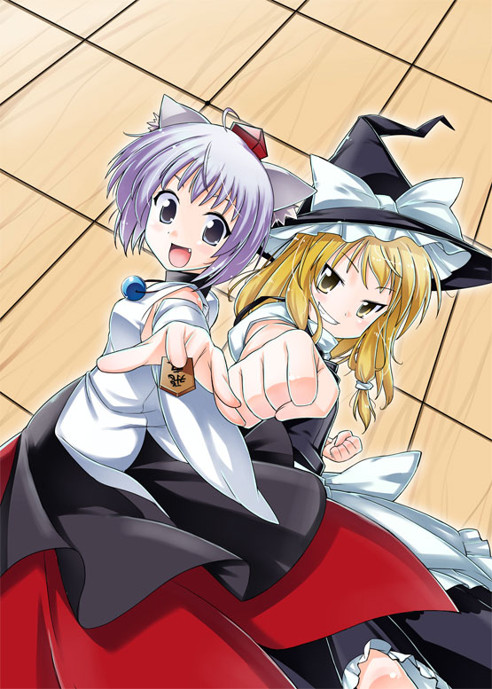 blonde_hair, hat, inubashiri_momiji, kiku_hitomoji, kirisame_marisa, shogi, shougi, toru_tooru