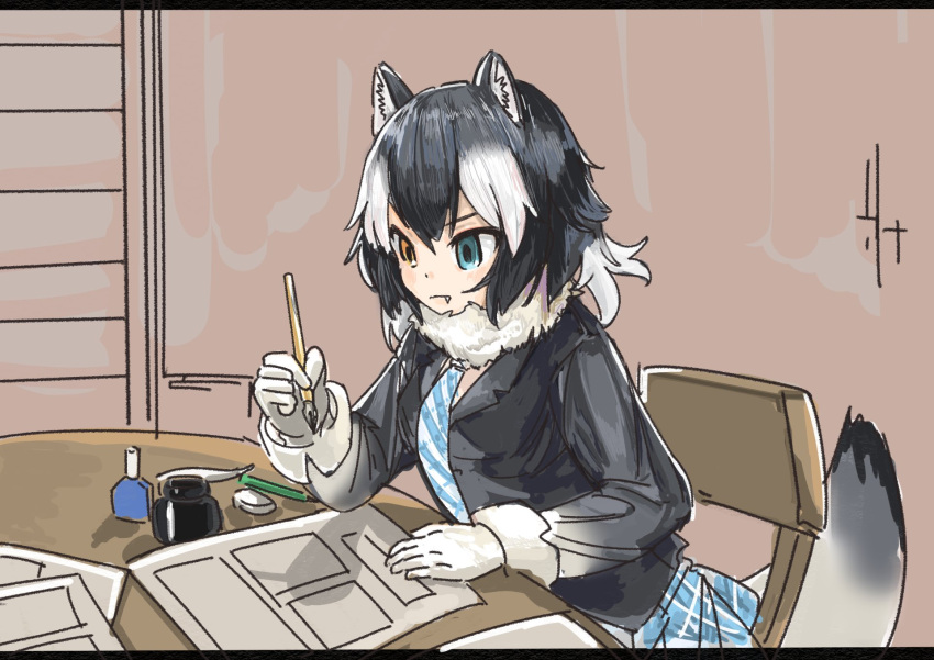 1girl, animal_ears, black_hair, blue_eyes, chair, closed_mouth, coat, commentary