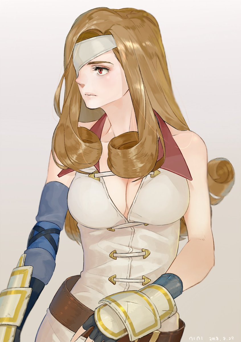 1girl, armor, beatrix, belt, breasts, brown_eyes, brown_hair, cleavage, eyepatch, final_fantasy, final_fantasy_ix, gloves, image_sample, long_hair, nini_tw99, solo, twitter_sample