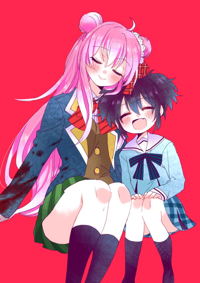black_hair, blue_eyes, happy_sugar_life, kobe_shio, matsuzaka_satou, pink_hair, red_eyes, satou_matsuzaka