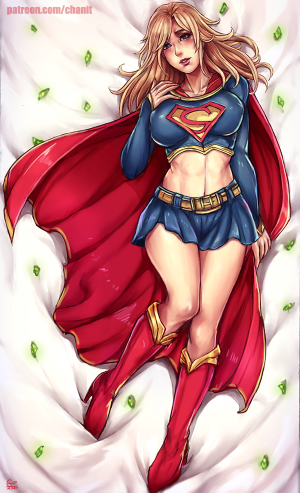 1girl, blonde_hair, blue_skirt, breasts, cape, covered_nipples, crop_top, crystal