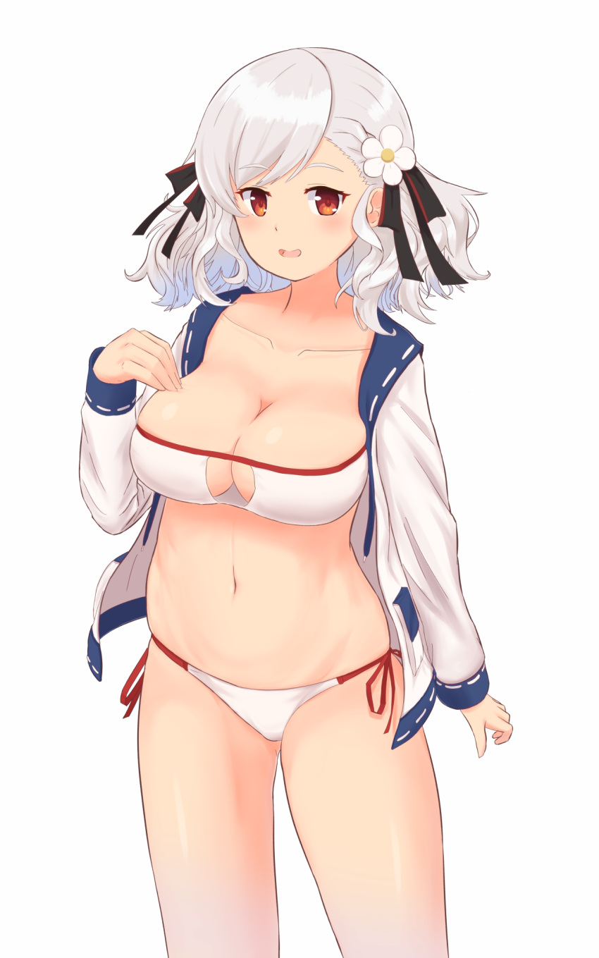 1girl, arm_at_side, bakkasu150, bangs, bikini, blush, breasts, brown_eyes, collarbone, eyebrows_visible_through_hair, flower, girls_frontline, grey_hair, hair_flower, hair_ornament, highres, jacket, large_breasts, long_sleeves, open_clothes, open_jacket, open_mouth, side-tie_bikini, simple_background, smile, solo, spas-12_(girls_frontline), standing, swept_bangs, swimsuit, white_background, white_bikini