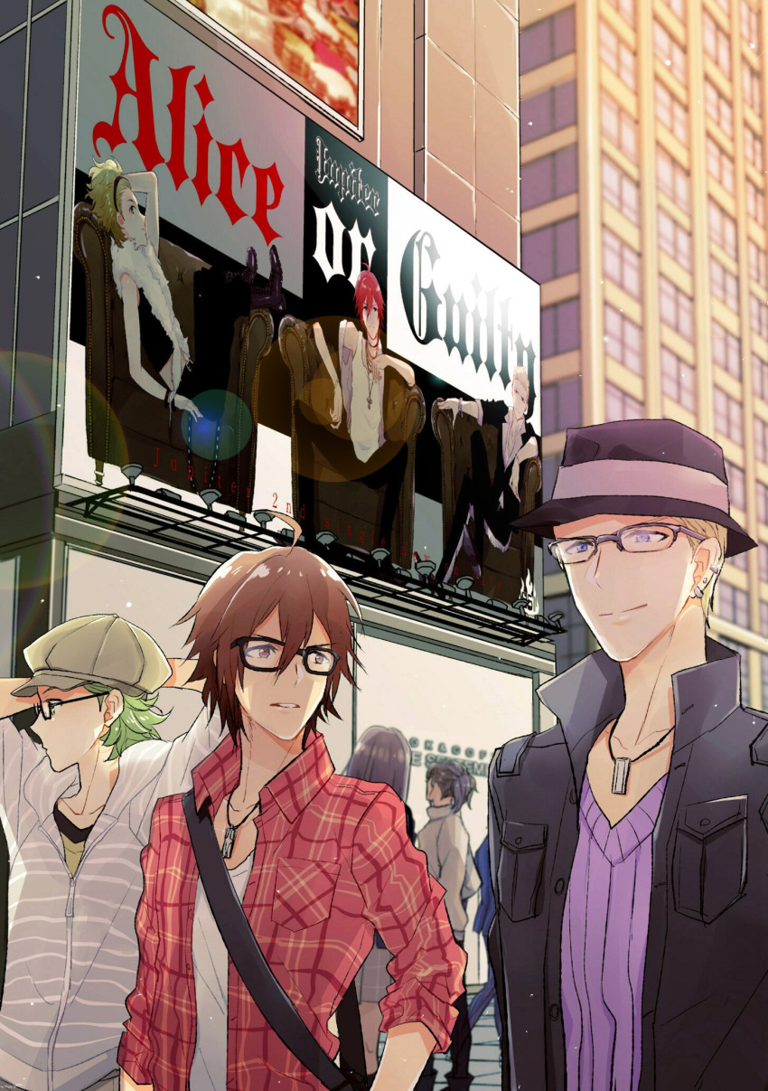 2girls, 3boys, alice_or_guilty, amagase_touma, bespectacled, blackish_961sp, blonde_hair, blue_eyes, brown_hair, casual, chair, city, earrings, glasses, green_hair, hairband, hat, highres, hood, idolmaster, idolmaster_(classic), idolmaster_2, ijuuin_hokuto, jewelry, jupiter_(idolmaster), lens_flare, male_focus, mitarai_shouta, multiple_boys, multiple_girls, necklace, open_clothes, open_shirt, outdoors, ponytail, poster, song_name