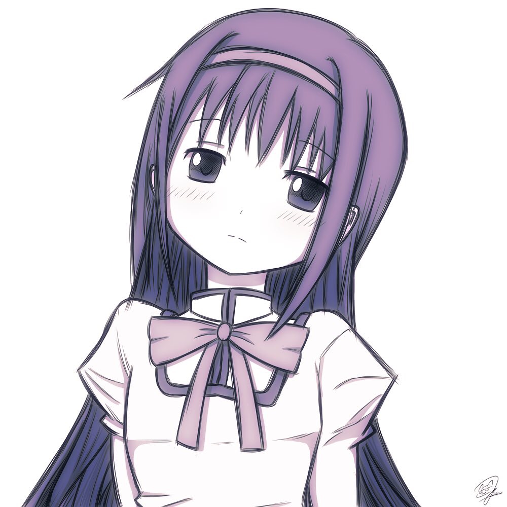 1girl, akemi_homura, blush, bow, commentary_request, eyebrows_visible_through_hair, head_tilt, headband, long_hair, looking_at_viewer, mahou_shoujo_madoka_magica, monochrome, one_(artist), purple, raised_eyebrows, red_bow, signature, simple_background, solo, upper_body, very_long_hair, white_background
