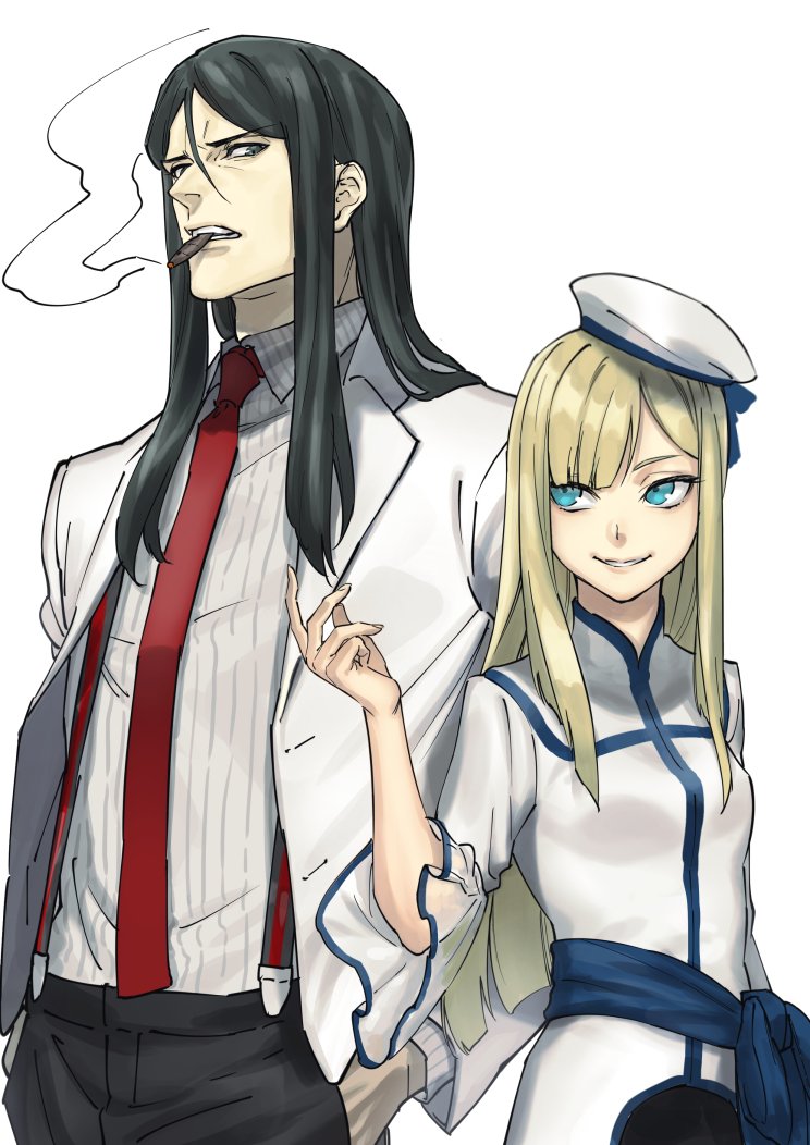 1boy, 1girl, black_hair, blonde_hair, blue_eyes, cigar, fate_(series), hat, height_difference, jacket, long_hair, lord_el-melloi_ii, lord_el-melloi_ii_case_files, necktie, open_clothes, open_jacket, red_neckwear, reines_archisorte_el-melloi, ruffled_sleeves, simple_background, smile, smoking, suspenders, waver_velvet, white_background, yukiyago