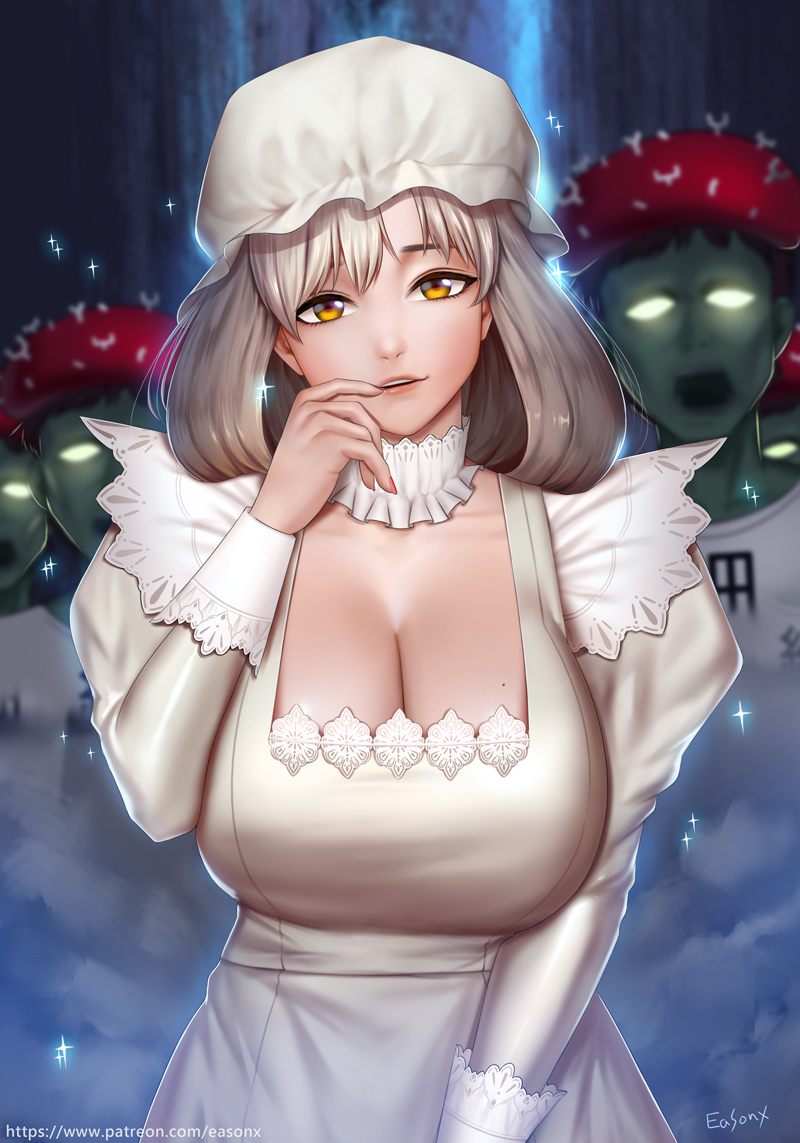 1girl, artist_name, bangs, breasts, choker, cleavage, dress, easonx