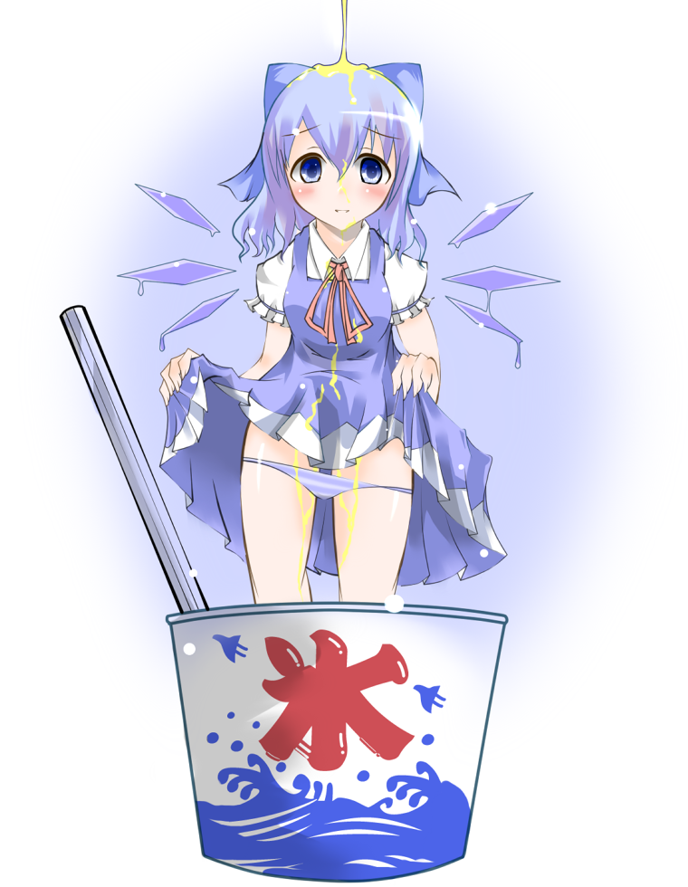 atsushi_(pixiv), cirno, food, guunome, ribbon, ribbons, shaved_ice, short_hair, touhou, wings