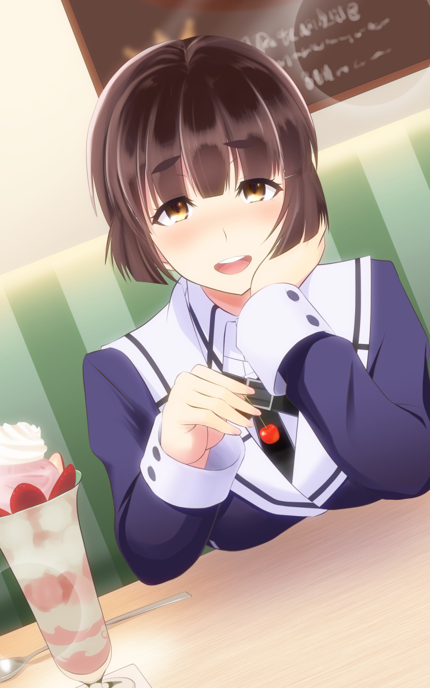 1girl, :d, breast_rest, breasts, brown_eyes, brown_hair, cherry, chin_rest