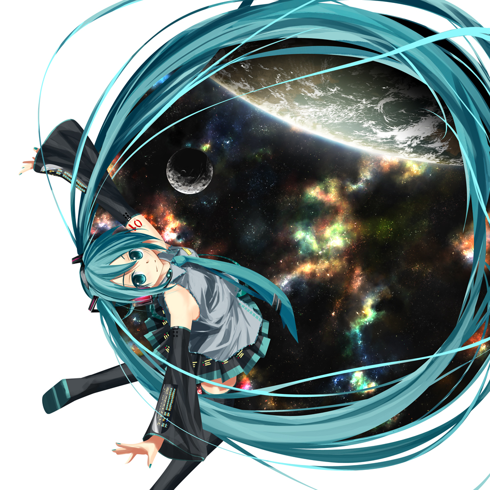 aqua_hair, detached_sleeves, earth, floating_hair, green_eyes, green_hair, hatsune_miku, headphones