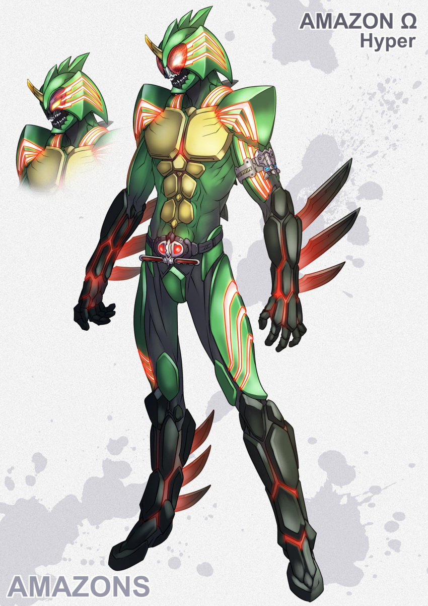 1boy, arm_blade, armor, belt, compound_eyes, fang, fins, full_body, glowing, glowing_eyes, helmet, highres, horn, horns, kamen_rider, kamen_rider_amazon_omega, kamen_rider_amazons, male_focus, monster, mugi30007073, muscle, no_humans, open_mouth, red_eyes, rider_belt, round_teeth, sharp_teeth, solo, standing, teeth, visor, weapon