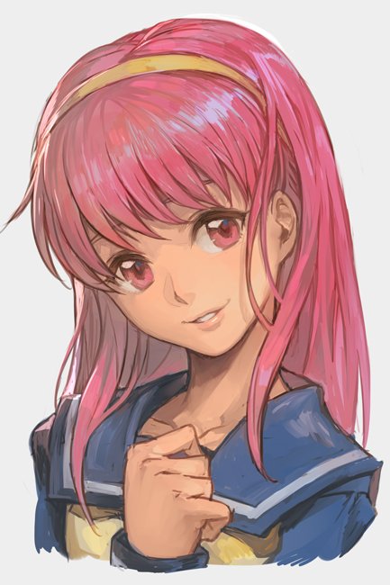 clenched_hand, fujisaki_shiori, hairband, hankuri, head_tilt, long_hair, looking_at_viewer, pink_hair