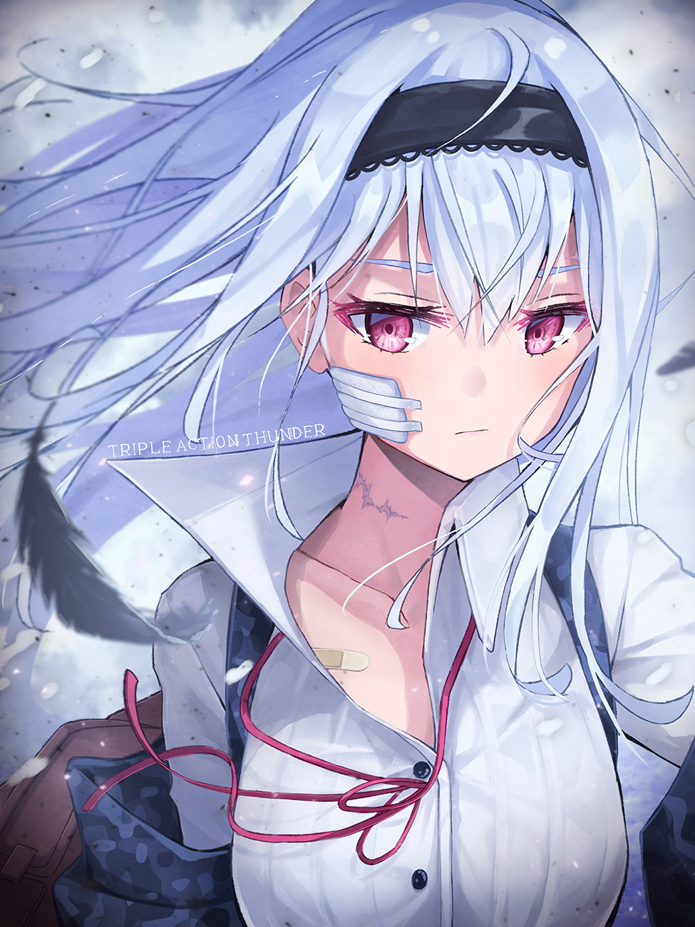 1girl, bandaid, bangs, black_gloves, black_hairband, black_jacket, buttons, character_name