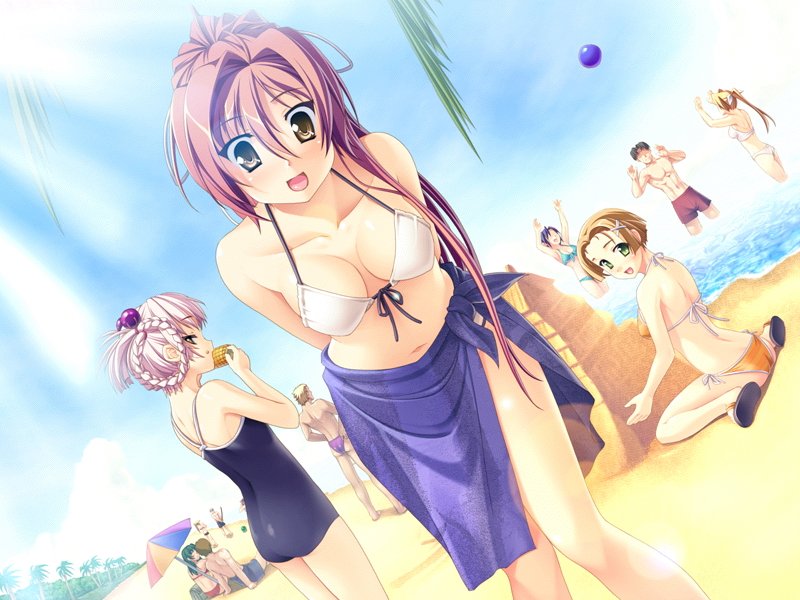 beach, bent_over, bikini, braid, breasts, brown_eyes, brown_hair, cleavage, corn, dutch_angle, game_cg, green_eyes, hair_bobbles, hair_ornament, jpeg_artifacts, leaning_forward, long_hair, musuto, ouzoku, ponytail, sand_castle, sarong, sasaki_tamaru, short_hair, swimsuit, yae_(ouzoku), yellow_eyes