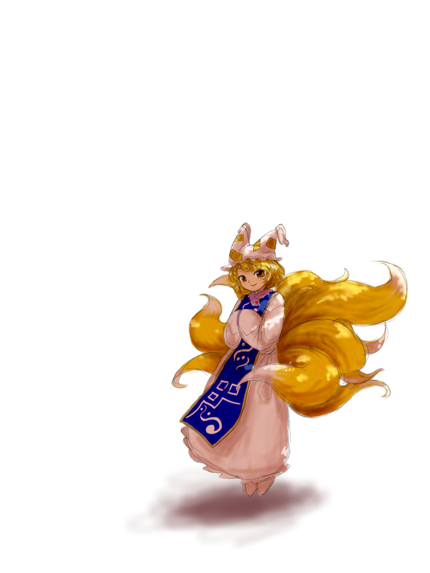 1girl, absurdres, blonde_hair, dress, fox_tail, frilled_dress, frills, full_body