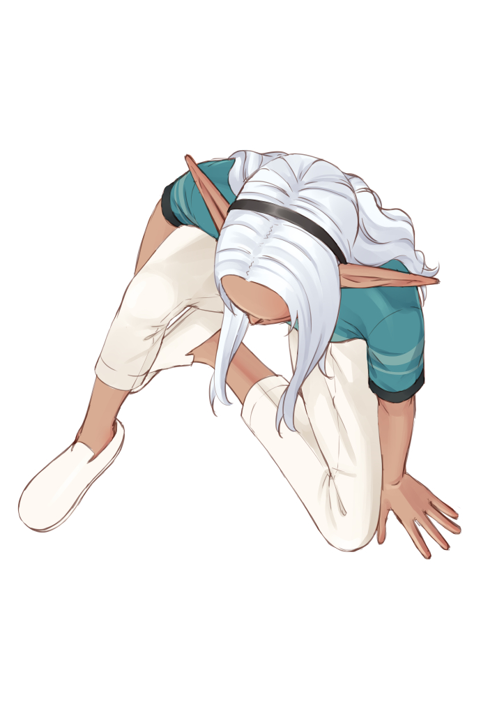 1girl, aqua_shirt, arm_support, black_hairband, capri_pants, dark_elf, dark_skin, easy_(aqk7bdqt)