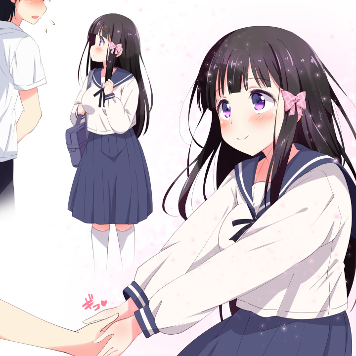1boy, 1girl, bag, bangs, black_hair, black_ribbon, blue_sailor_collar, blue_skirt, blush, bow, commentary_request, eyebrows_visible_through_hair, flying_sweatdrops, hair_bow, hand_up, heart, holding_hand, long_sleeves, looking_at_another, looking_up, medium_skirt, mikan-ya, multiple_views, neck_ribbon, original, out_of_frame, pink_bow, ribbon, sailor_collar, school_bag, school_uniform, serafuku, shirt, shoulder_bag, skirt, smile, v_arms, violet_eyes, white_legwear, white_shirt