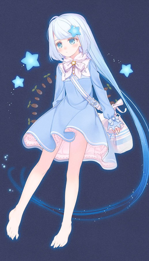 amamiya_chiharu, barefoot, blue_dress, blue_eyes, blue_hair, dark_background, dress, gradient_hair