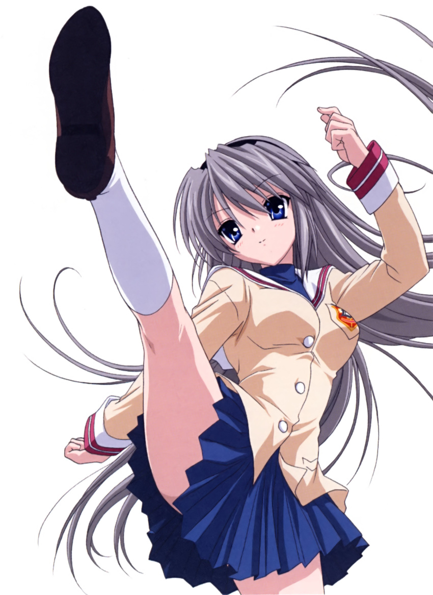 clannad, curve_of_ass, hairband, headband, high_kick, highres, kick, kicking