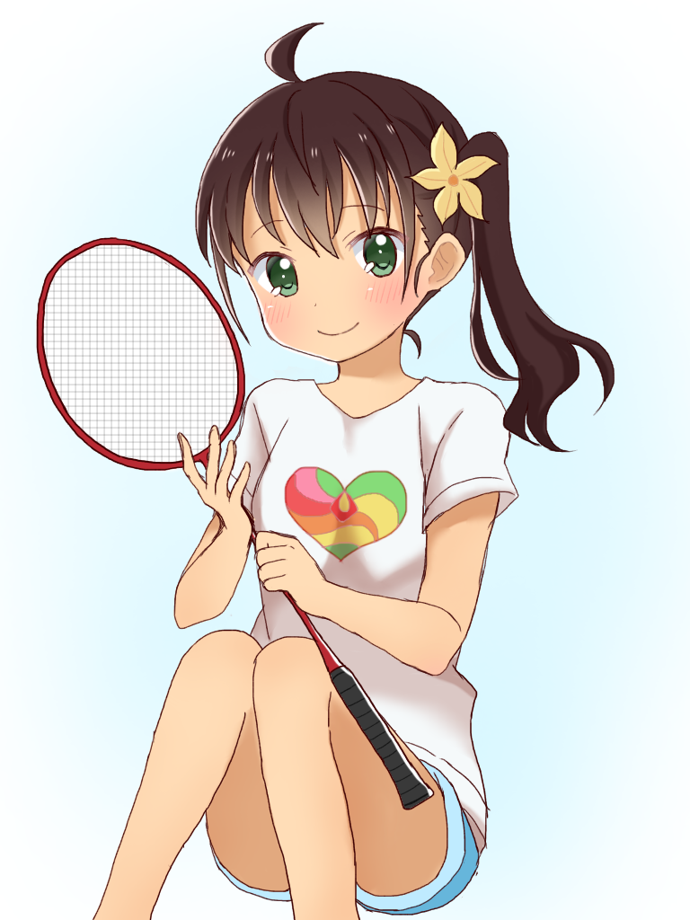 1girl, badminton_racket, bangs, blue_background, blue_shorts, blush, brown_hair, closed_mouth