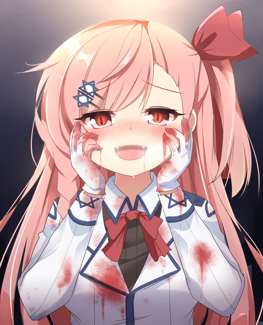 1girl, :d, absurdres, agung_syaeful_anwar, bangs, black_background, black_shirt, blood, blood_on_face, bloody_clothes, blush, bow, breasts, commentary, english_commentary, eyebrows_visible_through_hair, fangs, girls_frontline, gloves, gradient, gradient_background, grey_background, hair_between_eyes, hair_bow, hair_ornament, hairclip, hands_on_own_face, highres, jacket, long_hair, long_sleeves, looking_at_viewer, medium_breasts, negev_(girls_frontline), nose_blush, one_side_up, open_mouth, pink_hair, red_bow, red_eyes, saliva, shirt, smile, solo, white_gloves, white_jacket, yandere