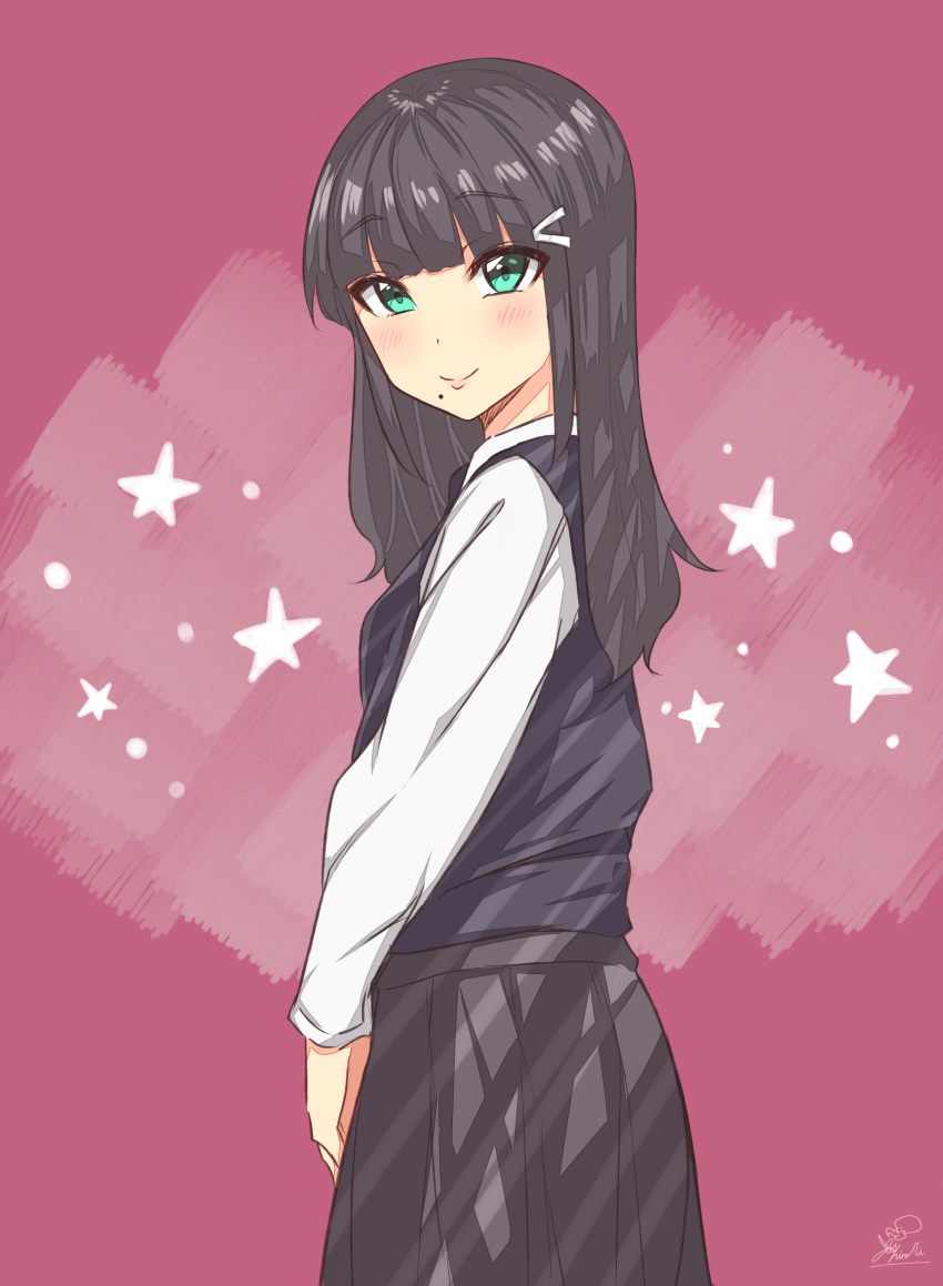 1girl, absurdres, bangs, black_hair, black_skirt, black_vest, blunt_bangs, blush