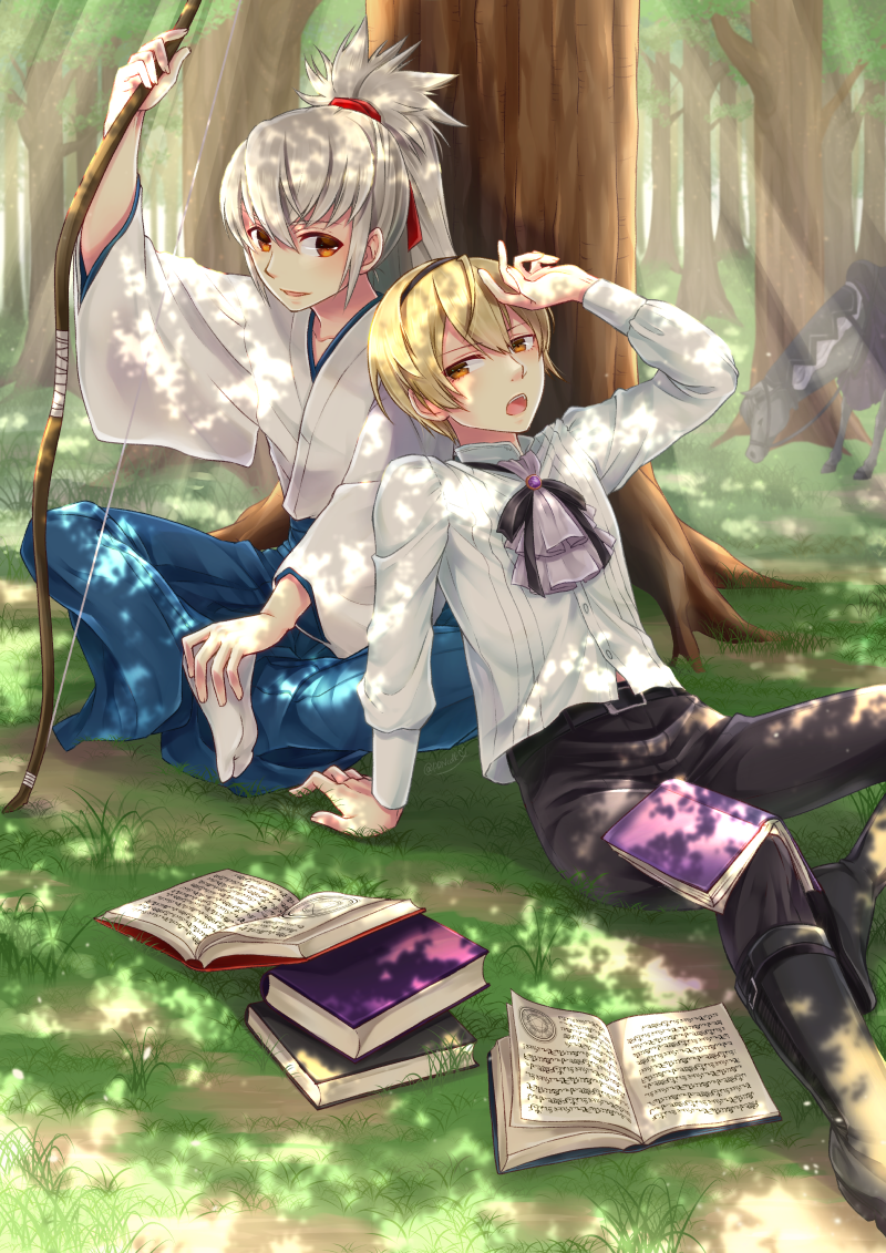 2boys, animal, blonde_hair, book, bow_(weapon), child, european_clothes, fire_emblem