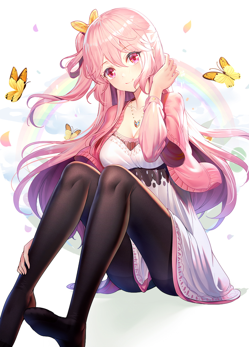1girl, animal, arm_up, bangs, black_legwear, blush, breasts, bug, butterfly, cleavage, closed_mouth, clouds, collarbone, commentary_request, dress, emily_stock, eyebrows_visible_through_hair, hair_between_eyes, head_tilt, highres, insect, jacket, jewelry, long_hair, long_sleeves, looking_at_viewer, medium_breasts, no_shoes, one_side_up, open_clothes, open_jacket, original, pantyhose, pendant, petals, pink_hair, pink_jacket, rainbow, red_eyes, revision, ririko_(zhuoyandesailaer), short_over_long_sleeves, short_sleeves, sitting, smile, soles, solo, very_long_hair, white_background, white_dress, wide_sleeves