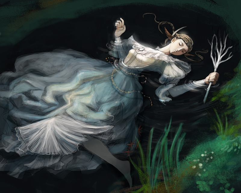 barefoot, braid, branch, brown_hair, closed_eyes, dark_souls, dress, dusk_of_oolacille