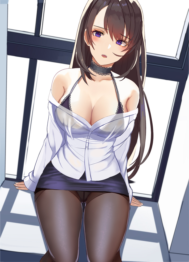 1girl, :o, asymmetrical_bangs, bangs, bare_shoulders, black_bra, black_choker, black_legwear, black_skirt, blush, bra, breasts, brown_hair, choker, cleavage, collarbone, commentary_request, crotch_seam, eyebrows_visible_through_hair, gg-e, head_tilt, indoors, lace, lace-trimmed_bra, lace-trimmed_choker, lace_trim, large_breasts, long_hair, long_sleeves, miniskirt, off_shoulder, open_clothes, open_mouth, open_shirt, original, panties, panties_under_pantyhose, pantyhose, pantyshot, pantyshot_(sitting), pencil_skirt, see-through, shiny, shiny_hair, shirt, sitting, skirt, solo, strapless, thighband_pantyhose, underwear, upskirt, violet_eyes, white_shirt, window, windowsill