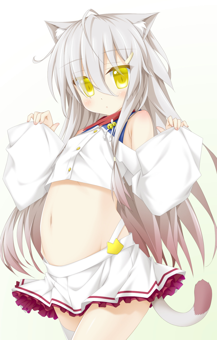 1girl, ahoge, animal_ears, bangs, bell, belly, blush, cat_ears