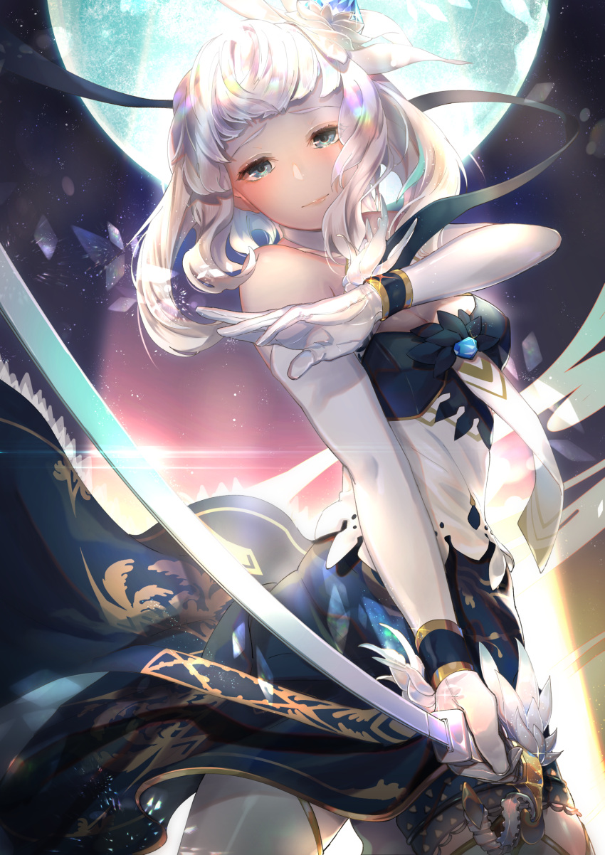 1girl, bare_shoulders, blue_eyes, breasts, dress, elbow_gloves, flower, full_moon