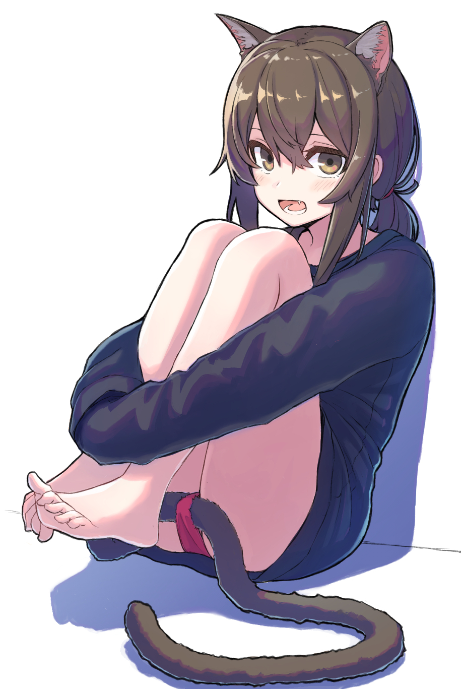 1girl, :d, amekaze_yukinatsu, animal_ears, bangs, bare_legs, barefoot, black_shirt