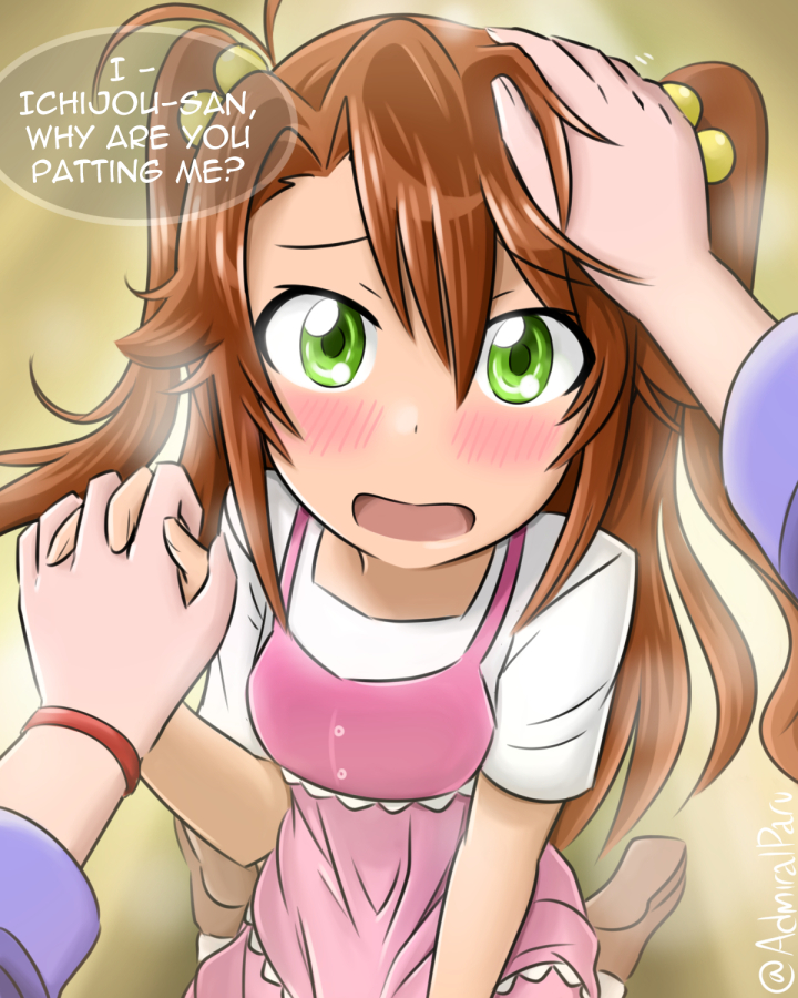 2girls, admiral_paru, blush, brown_hair, comic, commentary, dress, english_commentary, green_eyes, holding_hand, ichijou_hotaru, interlocked_fingers, kneeling, koshigaya_komari, looking_at_viewer, multiple_girls, non_non_biyori, open_mouth, petting, twintails, yuri