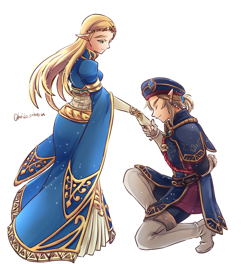 blonde_hair, dress, green_eyes, kaidou_mitsuki, kneeling, link, long_hair, nintendo