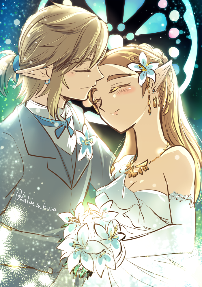 blonde_hair, blush, breasts, dress, flower, formal, jewelry, kaidou_mitsuki